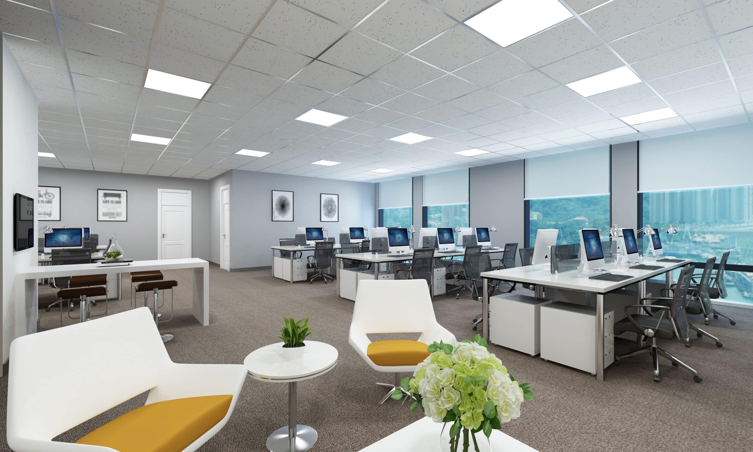 Modern office space illuminated with energy-efficient LED lights, showcasing a bright and productive work environment."