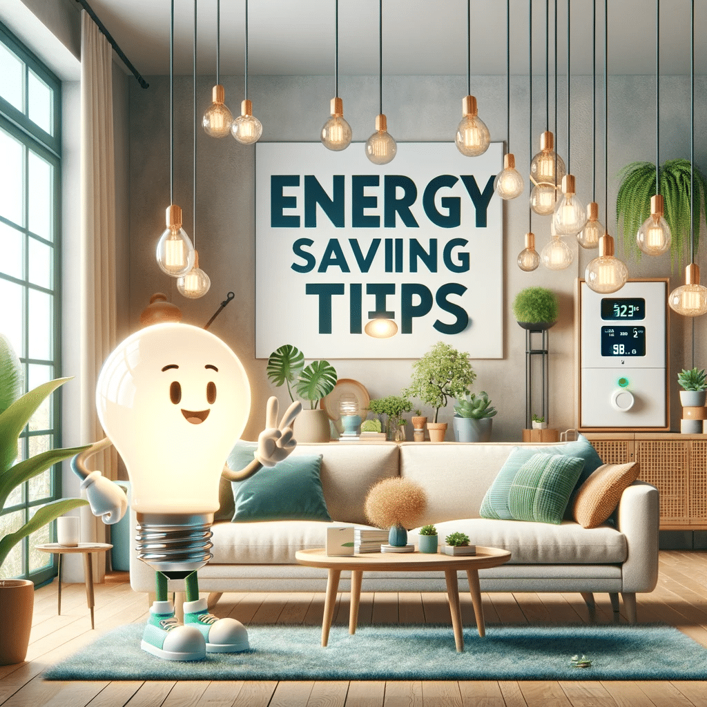 The image should feature a cozy, modern living room with energy-saving
