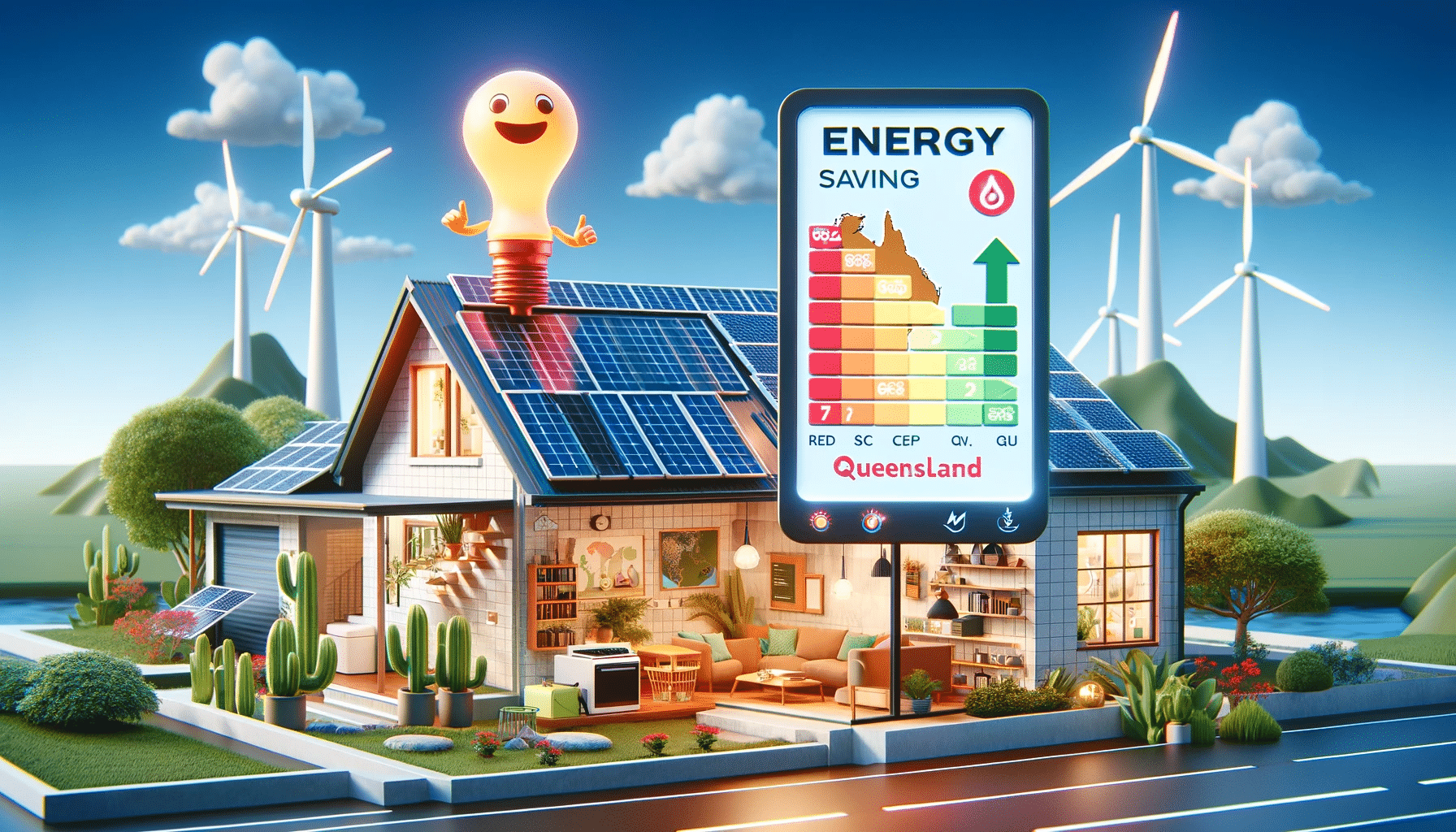 Graphic representation of Queensland households utilizing energy-efficient appliances, supported by government rebates, with a focus on sustainability and cost savings