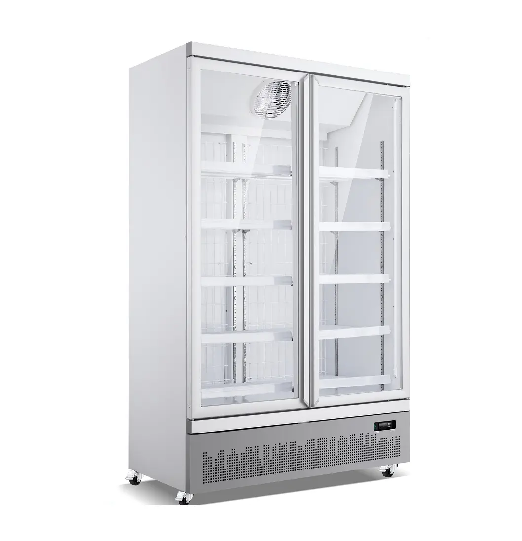 A commercial refrigerator in Victoria, showcasing its sleek, energy-efficient design. The fridge features a prominent energy rating sticker and a sign indicating government rebates available for its installation, highlighting cost-saving benefits for businesses.