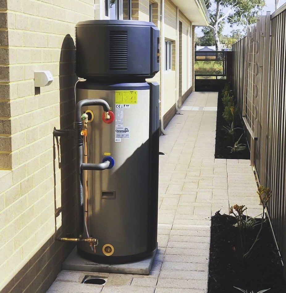 A newly installed heat pump hot water system, supported by government incentives, highlighting the shift from traditional gas systems to renewable energy solutions. The image shows a modern, energy-efficient unit placed outside a residential home, representing the trend towards greener energy alternatives like heat pumps as gas hot water systems face potential phase-out.